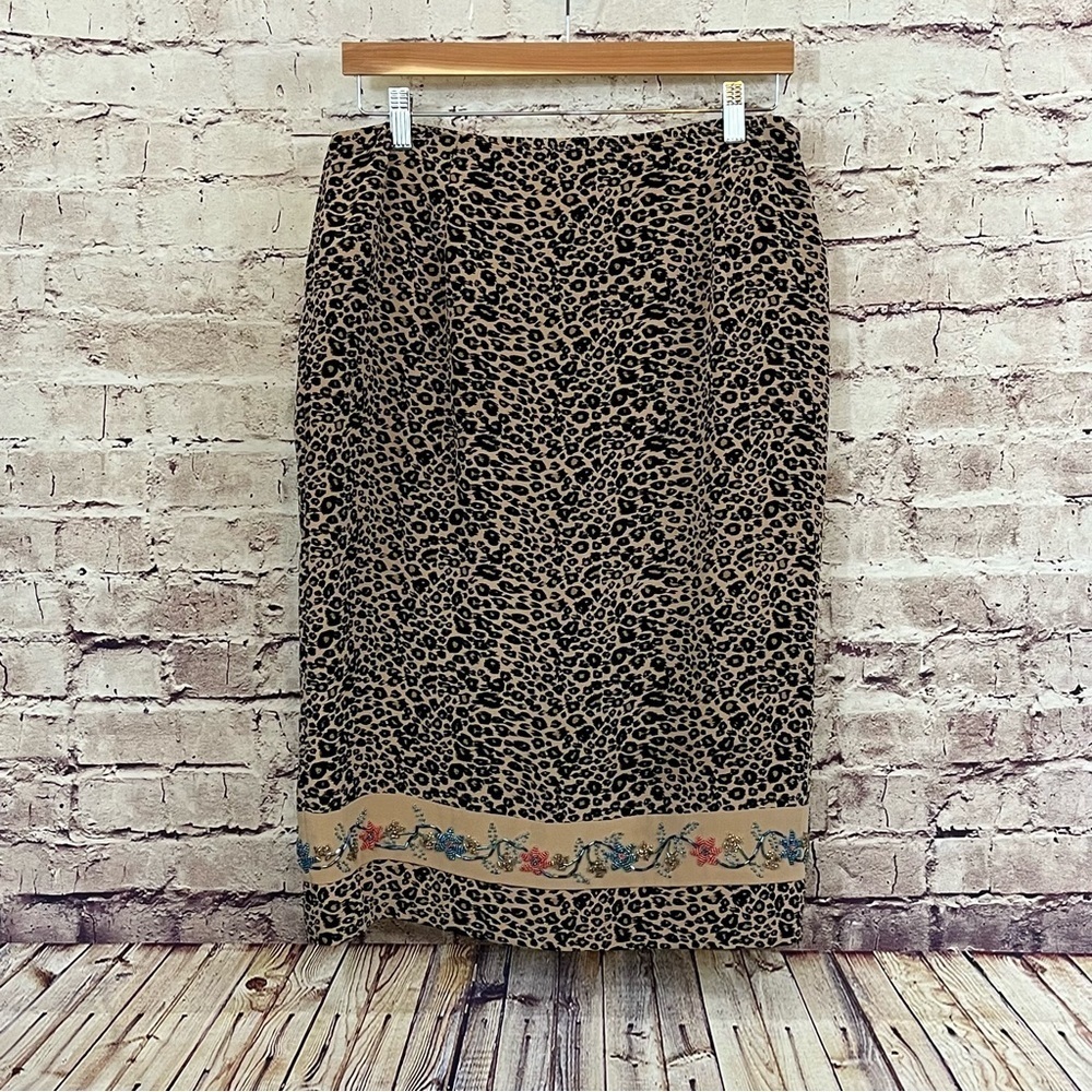 Silk Collection Tan Animal Print Silk Beaded Floral Hem Skirt